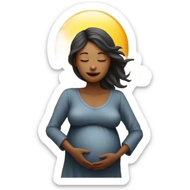is a emoji of a pregnant woman with 12 star above her head, a shirt with the simbol of a emoji sun and a moon under the pregnant woman sticker
