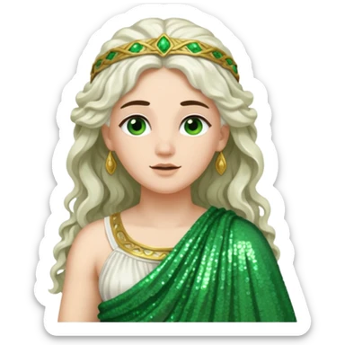 Juno, Goddess of Marriage from Roman Deities with long white brunette wavy hair, green sequin toga sticker