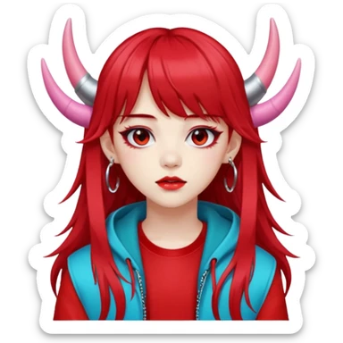  portrait-of-a-red devil-k-pop-idol,-wearing-a-stylish-streetwear-outfit-with-layered-colorful-clothing,-long-hair-with-bangs,-makeup,- sticker