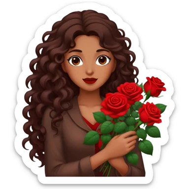 Brown woman with long curly dark brown hair holding red roses sticker