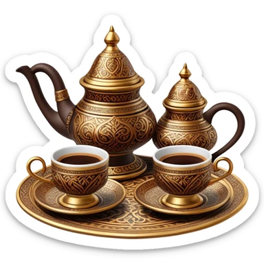 Turkish Coffee Set – Cinematic Realistic Turkish Coffee Set, depicted as an elegantly arranged ensemble of ornate coffee cups and a traditional cezve pot, adorned with intricate patterns and rich, warm colors, rendered with detailed textures and soft ambient lighting that captures its cultural heritage. sticker