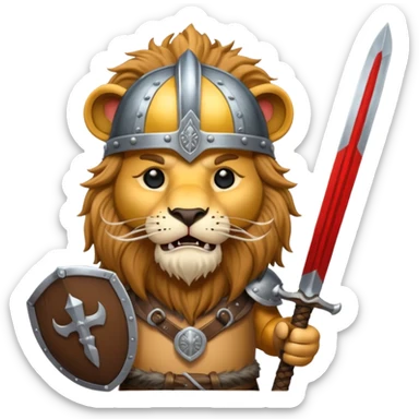 lion with viking helmet and sword behind sticker