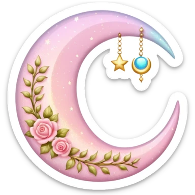 Rosy shiny glossy sparkly romantic pastel crescent damask moon sticker