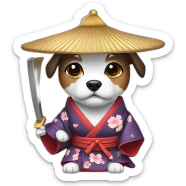 dog with a Japanese hat and a kimono holding a katana sticker