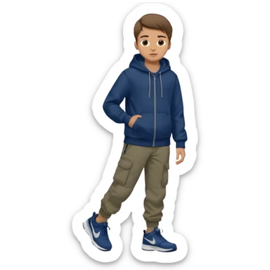 boy with brown hair light skin dark blue hoodie black cargo pants grey nike shoes sticker
