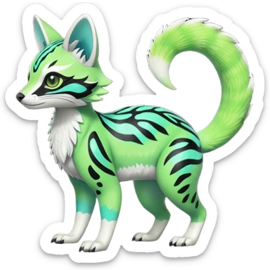 Rare realistic iridescent neon lime-green & cyan white black lush tropical exotic edgy epic pretty beautiful handsome gorgeous aesthetic colorful vibrant Vernid-Protogen-Primagen-Genet-Trico-species-Fakemon-hybrid-creature by LiLaiRa, beautiful intricate markings, full body sticker