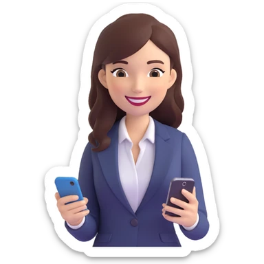3D style, businesswoman standing, smiling while using her smartphone, modern office look sticker