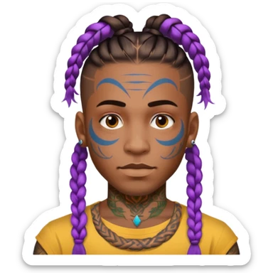 big lose braids starting from the top of the head man with mustache face wiith big visible braids and lots and lots of colored face tattoos colored tattoos like a tattoo artist hair unique color sticker