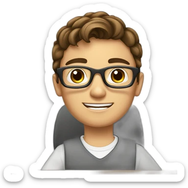 a 12-year-old boy with brown hair and gray eyes wearing glasses and a white shirt is sitting at a desk at school sticker