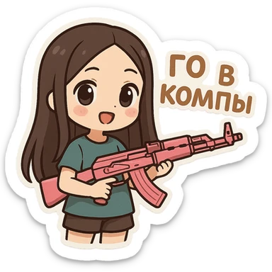 Девушка с темно коричневыми и длинными до поясницы волосами без челки держит розовый ак-47 и надпись: го в компы  sticker