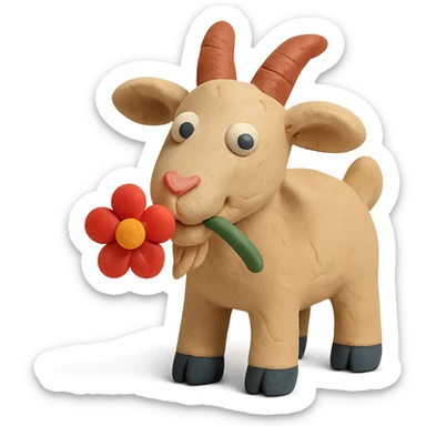 goat chewing on a flower, cute and whimsical, matte finish, claymation style sticker