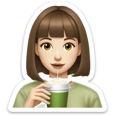 Chestnut brown haired straight haired girl with hazel eyes and bangs  and pale skin sipping a matcha latte, she also has tiny silver hoop earrings in sticker