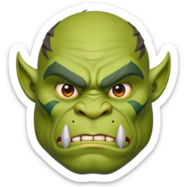 Cinematic Noble Ogre Portrait Emoji, Majestic and imposing, with a rugged, muscular form in deep earthy greens and browns, adorned with battle scars and subtle tribal markings, exuding calm, noble strength and unexpected wisdom, simplified yet strikingly detailed, glowing with a shadowy outline that captures the essence of a gentle giant with fierce heart! sticker