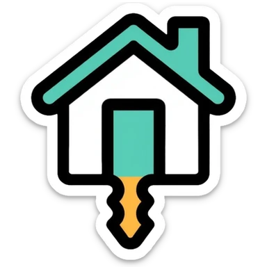 Key with a small house symbol, housing access concept for homelessness support logo sticker
