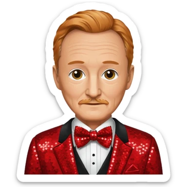 Robert Englund with reddish blonde hair, red sequin suit with bow tie sticker
