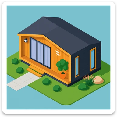 isometric illustration of the building. 3D isometric infographic design. Clean lines, bright and saturated colors, minimal unnecessary details. View from above at an angle (isometric), showing the roof, facade, and part of the surrounding area. Soft shadows, daylight lighting, no harsh contrasts. Background should be solid (blue, gray, or light tone). Add a small area around the building (roads, tiles, grass) so the building looks complete. Accurately represent the architectural features of the building (roof shape, facade, colors). Final style should be neat and polished, similar to posters or educational infographics. sticker
