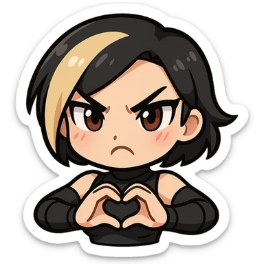 Sexy chibi ninja girl with black short hair and a blonde streak, only head and arms, making a heart gesture with her hands, bold outlines, transparent background, no mask, showing an angry emotion, sized for Twitch emoji use. sticker