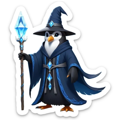 A mysterious penguin mage with sleek midnight-blue feathers, wearing a flowing black robe adorned with silver runes. A tall, pointed wizard hat sits slightly tilted on his head, the brim casting a shadow over his glowing icy-blue eyes. His flipper clutches an ancient wooden staff topped with a swirling crystal, radiating a soft, cold light. Snowflakes drift around him as he stands on a frozen cliff, his aura crackling with arcane energy, ready to summon a blizzard with a flick of his staff. sticker