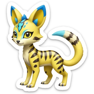 Colorful Yellow Meloetta-Sergal-Genet-Pokémon-Digimon-Fakémon-fusion-hybrid-creature with Cyan stripes and blue leopard-spot-markings  sticker