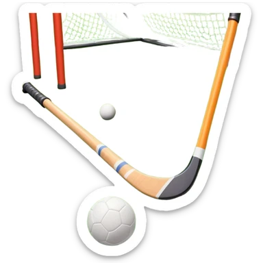 A field hockey stick and ball resting on a well-maintained green grass field, with the goalposts and markings visible in the background. The scene highlights the precision and focus of the sport, with the vibrant green pitch creating a dynamic atmosphere. sticker