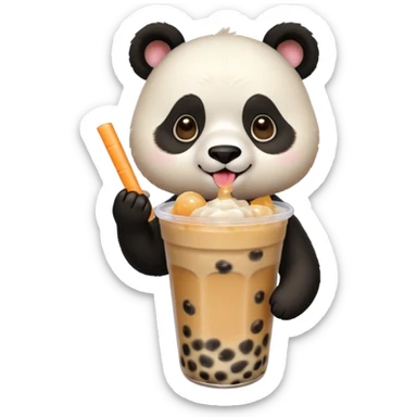 A panda drinking bubble tea, excited about the toppings, portrait, bust up sticker