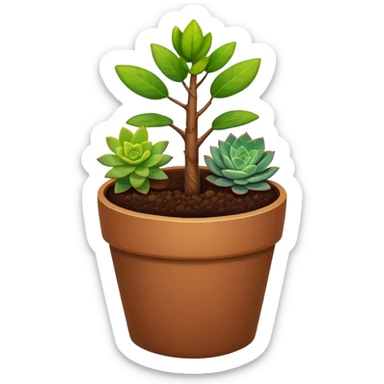 Close-up of a potted sapling in rich soil surrounded by vibrant plants and succulents. Bright sunlight filters through the window, casting soft shadows. Nearby gardening tools rest on a wooden table. Cozy indoor atmosphere with greenery and flowers. sticker