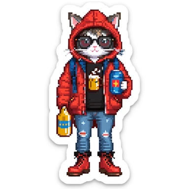 Catfish wearing red hooded winter jacket, round glasses, blue jeans, red boots, holding beer can with red label sticker