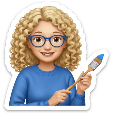 FEMME FRISÉ 60 ANS CHEVEUX BLON FRISÉ LONG SOURIANTE AVEC CHANDAIL BLEU,  YEUX BRUN ET UN PINCEAU À LA MAIN LA MAIN AVEC 5 DOIGT SEULEMENT ET LUNETTE sticker