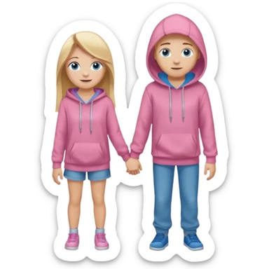 full-length happy couple, girl with long blonde hair and blue eyes in pink hoodie, boy with brown hair in gray hoodie sticker