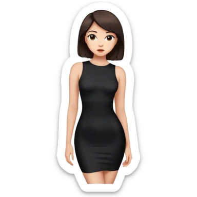 Tight and short black bodycon dress. Light skin and short dark brown hair sticker