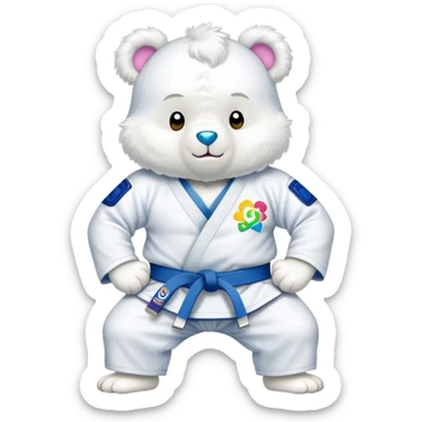 Care bear wearing a jiu jitsu gi with a white belt sticker