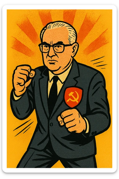 The full body of Soviet leader Yuri Andrapov looking determined with his fists out ready to fight. He has a large Communist flag badge on his chest sticker
