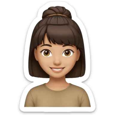 In Apple Memoji format, a girl with dark brown hair. She has bangs and her hair is in a singular high bun. The girl is arab and has light brown skin. She is wearing a brown shirt. She is smiling but is not showing her teeth.  sticker