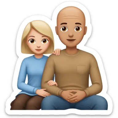Bald brown man with pretty woman sitting on his lap. sticker