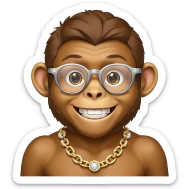 rich monkey (actual monkey, not human looking) with glasses smiling with diamond grillz and a bitcoin golden chain with diamond pearls sticker