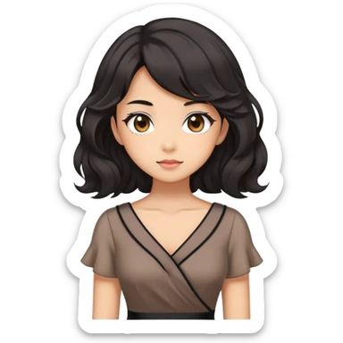 Cute kawaii gorgeous anime lady with black wavy hair wearing a soft feminine dress but looking confident like a boss lady sticker