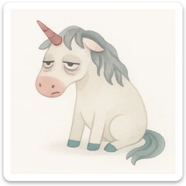 a disgusting, rumpled unicorn with bags under his eyes and a drooping horn, in a painterly style sticker