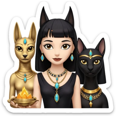 Smiling Witchy-mannered smoky-evil-eyed real Audrey Hepburn cleopatra Anubis conjuring Protecting silky black-haired tiny chained-adorned statuette-scale dessert scenery stone-age cracked sticker