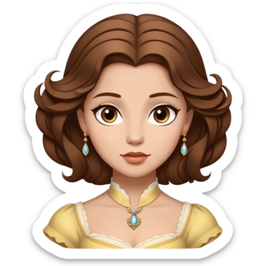 Cinematic Realistic Belle Portrait, depicted with lifelike skin texture, soft natural lighting, and intricately detailed brown hair styled elegantly. Her deep, expressive eyes exude warmth and intelligence, complemented by a serene and graceful expression. She is dressed in her classic attire, with rich fabric textures and delicate folds that catch the light beautifully. The portrait features a soft, enchanting glow with a natural, radiant finish, capturing the essence of timeless beauty in a realistic and painterly style, evoking a sense of depth and authenticity. sticker