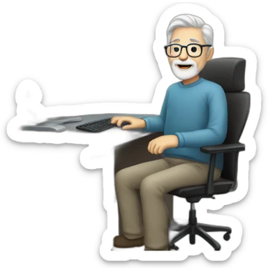 old man with greay hair and beard and glasses sitting at a desktop with computer sticker