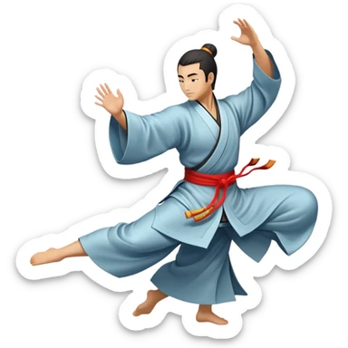 Emblem symbolizing Wushu martial arts. A graceful martial artist performs a dynamic kung fu pose, with flowing movements and a long, elegant robe. The background features stylized clouds and traditional Chinese symbols, representing fluidity, balance, and precision. Transparent background. sticker