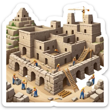 Ancient city under construction with workers using basic tools. Incomplete stone buildings, scaffolding, and a rough landscape. Simple, primitive architecture sticker