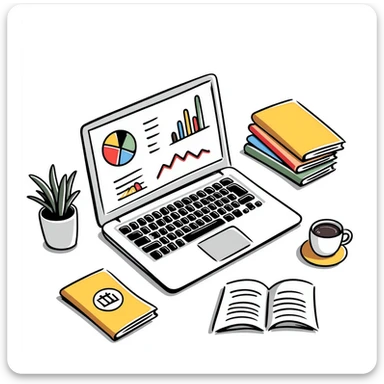 Academic research workspace with an open laptop showing data, scattered books and papers, and a pie chart and line graph. Hand-drawn doodle style with colorful data visualizations and book covers. sticker