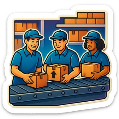 Картинка конвейерной ленты, по ней едут коробки, люди сортируют коробки в разные стороны, не обрезай края обводки sticker