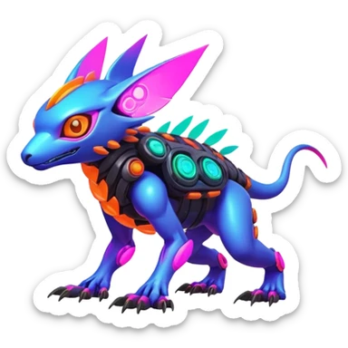 Tropical exotic futuristic lush warm-colored modern colorful neon-colored cyber-Fakémon-Digimon-Trico-creature sticker