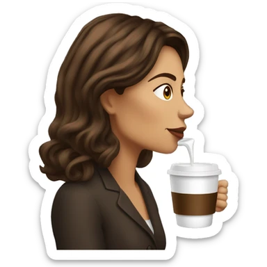 Side view realistic posh brown haired woman drinks coffee sticker