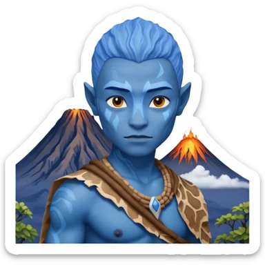 a Avatar blue skin wearing ancient animal skin cloth with volcano behind, half body, icon sticker