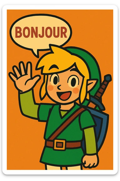 Link from The Legend of Zelda waving and saying bonjour, cheerful expression, vibrant colors, cartoon style sticker