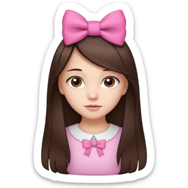 cute girl with dark long straight brown hair with pink bow in hair on te side sticker