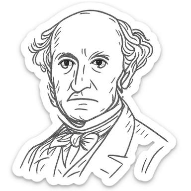 a hand drawn black outline portrait of philosopher John Stuart Mill with similar-sized eyes based a famous portrait of him sticker